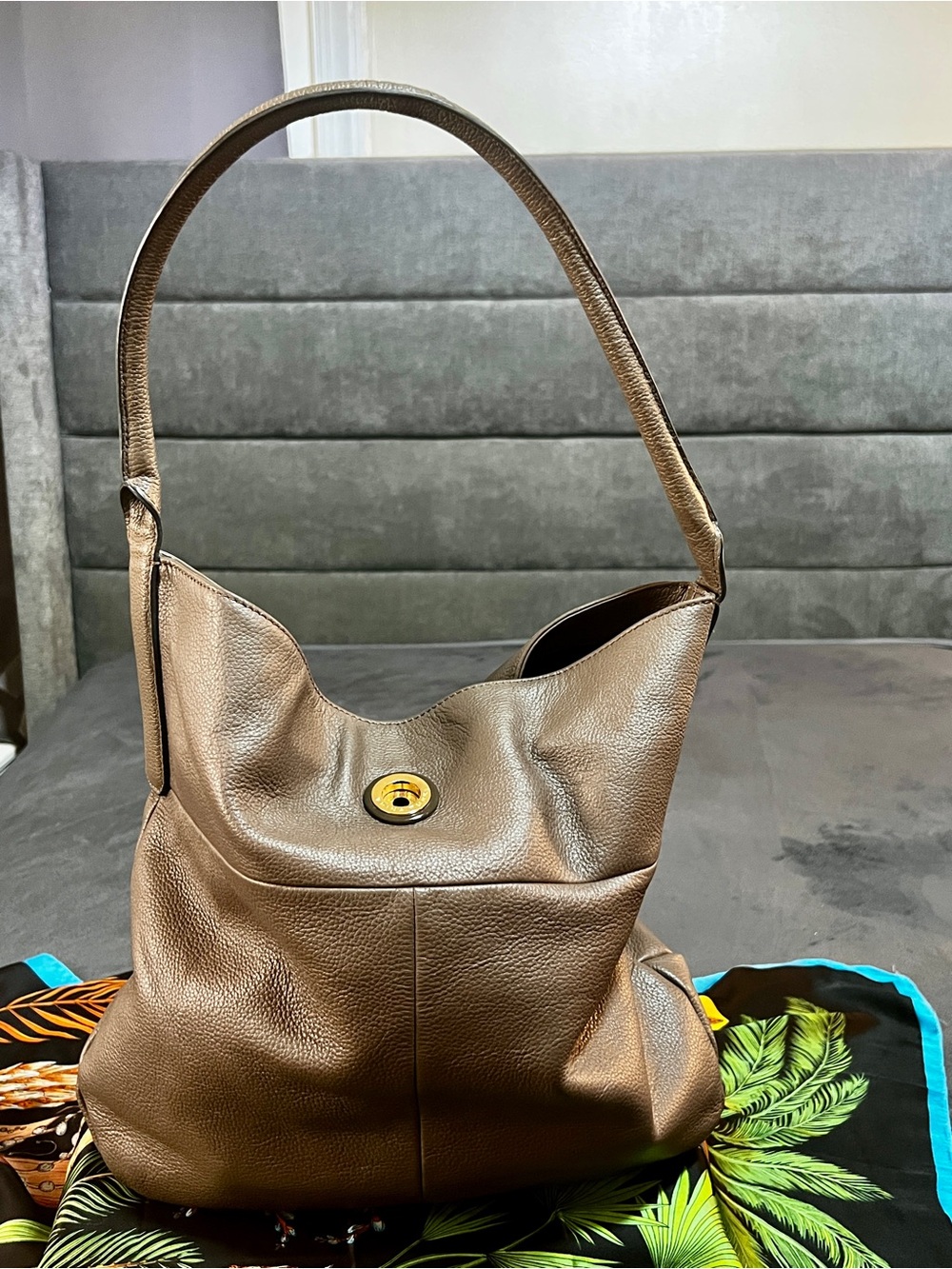 Trina Turk DarkTaupe Large Pebbled‎ Leather Hobo Shoulder Tote Boho Handbag